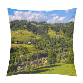 Personality  Rural Houses In Village Dzembronia At Carpathian Mountains, Nature Summer Landscape, Ukraine. Pillow Covers