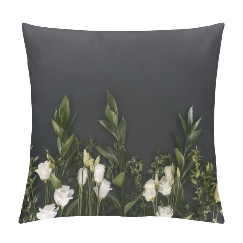 Personality  top view of eustoma flowers and branches over black background pillow covers