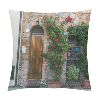 Personality  Urban Scene With Building With Wooden Door And Green Plants With Flowers On It, Tuscany, Italy Pillow Covers