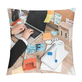 Personality  Cropped View Of Woman Using Laptop With Blank Screen Near Lettering On Sticky Notes  Pillow Covers