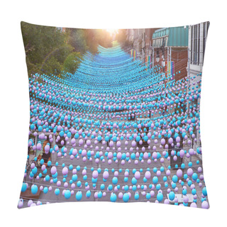 Personality  Montreal, Quebec, Canada, September 29, 2018: Iconic Pink Rainbow Balls Hanging Over The Village In Sainte-Catherine Street Of Montreal, Quebec, Canada. Pillow Covers