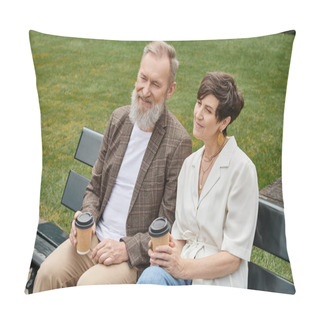 Personality  Happy Elderly Man And Woman Sitting On Bench, Holding Paper Cups With Coffee, Senior Couple, Romance Pillow Covers