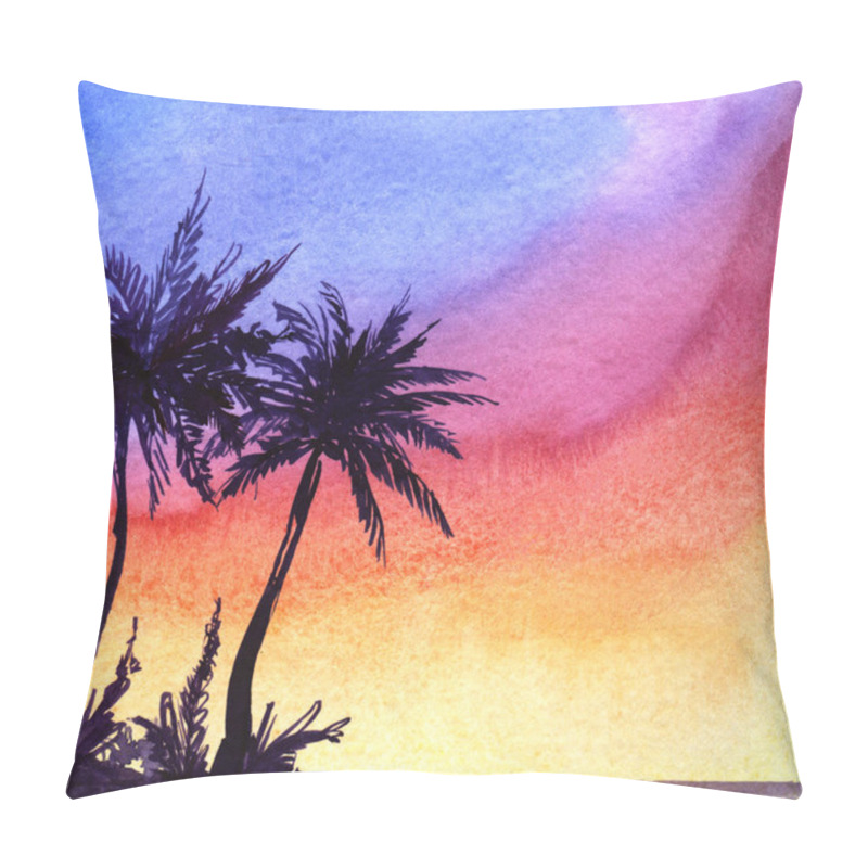 Personality  Marvelous tropical landscape background. Dark silhouette of seaside with coconut palm trees against bright gradient sunset sky of rainbow colors. Watercolor hand drawn illustration paper texture. pillow covers
