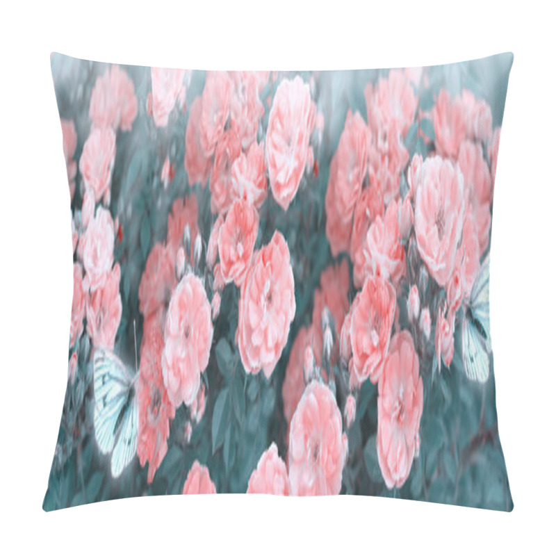 Personality  Mysterious Spring Floral Banner With Blooming Rose Flowers And Flying Two Butterflies In Morning Fog And Haze In Soft Pastel Colors Pillow Covers