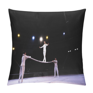 Personality  Flexible Air Acrobat Balancing On Pole Near Men In Circus  Pillow Covers