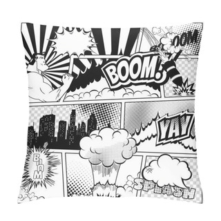 Personality  Vector Colorful Template Of Comic Book Page With Various Speech Bubbles, Rays, Stars, Dots, Halftone Background. Superhero And City Silhouette Pillow Covers