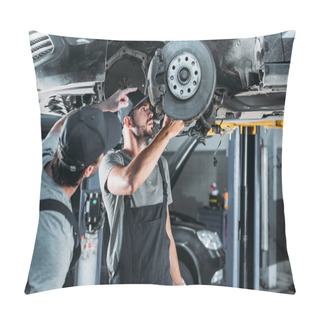 Personality  Auto Mechanics Repairing Car Without Wheel In Workshop Pillow Covers