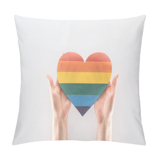 Personality  Cropped View Of Woman Holding Rainbow Colored Paper Heart Isolated On Grey, Lgbt Concept Pillow Covers