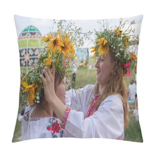 Personality  People Participate In The Celebration On The Ivan Kupala Holiday At The National Architecture And Household Museum In The Village Of Pirogovo In Kiev, Ukraine. July 7, 2013. Pillow Covers