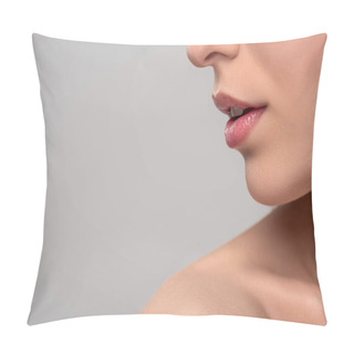 Personality  Cropped View Of Woman With Beautiful Lips And Perfect Skin, Isolated On Grey Pillow Covers