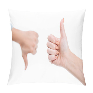 Personality  Selective Focus Of Woman And Man Showing Thumb Up And Thumb Down Isolated On White Pillow Covers
