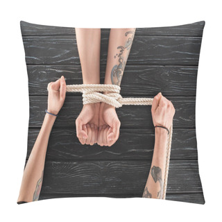 Personality  Partial View Of Woman Tying Rope Around Males Hands On Dark Wooden Surface Pillow Covers