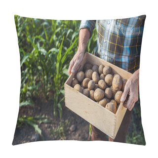 Personality  Cropped View Of Senior Self-employed Farmer Holding Wooden Box With Potatoes Near Corn Field Pillow Covers