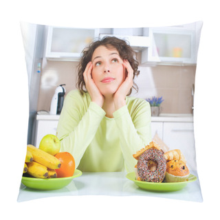 Personality  Beautiful Young Woman Choosing Between Fruits And Sweets Pillow Covers