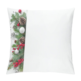 Personality  Christmas Composition. Christmas Tree Branches And Pine Cones On Multilayer White Background. Top View, Copy Space. Pillow Covers