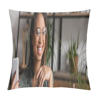 Personality  Cheerful African American Florist With Trendy Hairstyle And Eyeglasses Holding Mobile Phone In Flower Shop, Banner Pillow Covers
