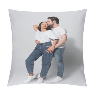 Personality  Full Length View Of Man With Closed Eyes Hugging Seductive Woman In White T-shirt And Jeans On Grey Pillow Covers