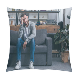 Personality  Depressed Man Sitting On Couch, Touching Face And Grieving At Home Pillow Covers