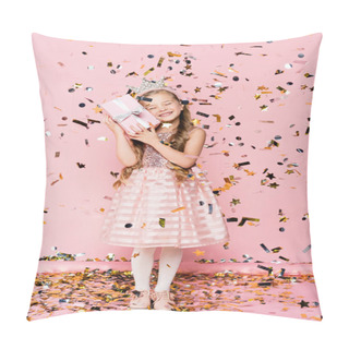 Personality  Full Length Of Happy Little Girl In Crown Holding Present Near Falling Confetti On Pink  Pillow Covers