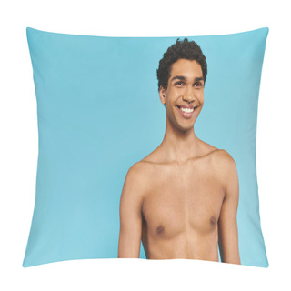 Personality  Cheerful Handsome African American Man In Blue Swimming Trunks Looking Away On Blue Backdrop Pillow Covers