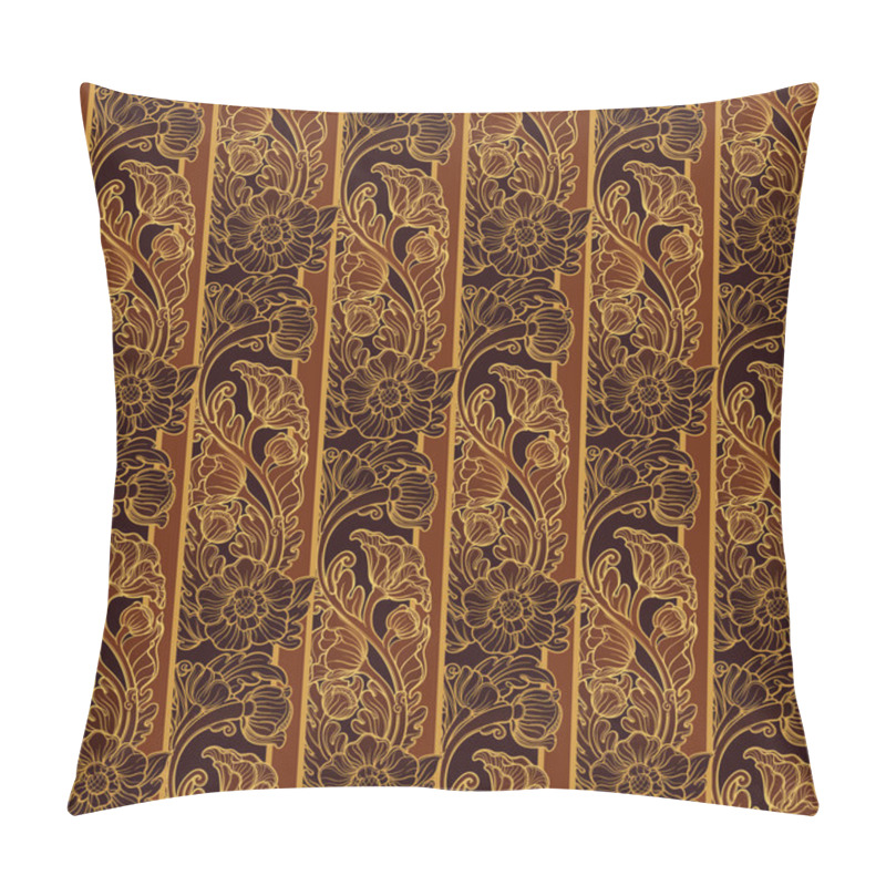 Personality  Stylized exotic flowers. Traditionaln South Eastern Asia ornament. Popular in Buddha temples decoration. vertical rhythm. Golden linear drawing on brown with red flowers pillow covers