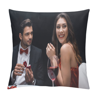 Personality  Smiling Woman Looking Away By Handsome Man With Jewelry Ring At Served Table Isolated On Black Pillow Covers