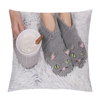 Personality  Woman Wearing Cozy Warm Wool Socks And Drinking Cacao, Close Up. Warmth Concept. Winter Clothes. Soft, Comfy Lifestyle. Pillow Covers