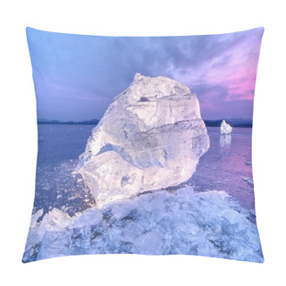 Personality  Detail View Into  An Ice With Deep Scratches And Cracks. Cut Floe Against To Evening Sky And Spot Light. Pillow Covers