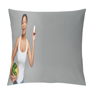 Personality  Happy African American Dietitian With Green Fruits And Supplements On Grey, Horizontal Banner Pillow Covers