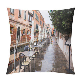 Personality  VENICE, ITALY - SEPTEMBER 24, 2019: Outdoor Cafe With View At Canal And Ancient Buildings In Venice, Italy  Pillow Covers