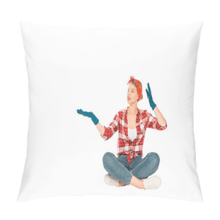 Personality  Floating Girl In Jeans And Plaid Shirt Looking Away Isolated On White Pillow Covers