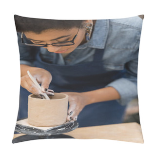 Personality  African American Craftswoman In Eyeglasses Forming Clay Cup In Workshop  Pillow Covers