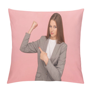 Personality  Portrait Of Ambitious Self-confident Young Woman In Business Suit Raising Hands Proudly Pointing At Biceps, Feeling Power, Female Strength, Rights And Feminism Concept. Indoor Studio Shot, Isolated Pillow Covers