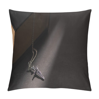Personality  Holy Bible With Cross On Black Dark Background With Burning Candles, Panoramic Shot Pillow Covers