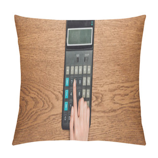 Personality  Partial View Of Female Hand On Calculator With One Hundred Thousand On Display On Wooden Desk, Panoramic Shot Pillow Covers