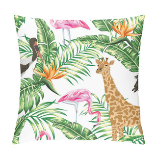 Personality  Giraffe Stork Pink Flamingo Seamless Tropical Pattern Pillow Covers