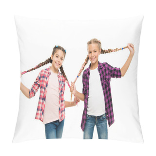 Personality  Doing Cute And Easy Hair Style. Happy Children Hold Long Braided Hair Style. Small Girls Smile In Casual Fashion Style. Keep Your Style. Fashion And Beauty. Hair Salon Pillow Covers