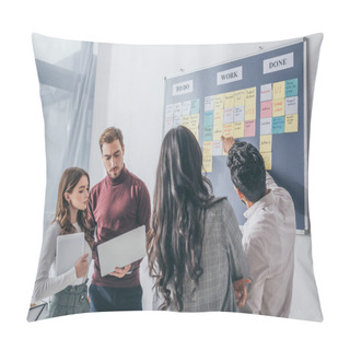 Personality  Selective Focus Of Businesswoman Standing Near Coworkers With Gadgets  Pillow Covers