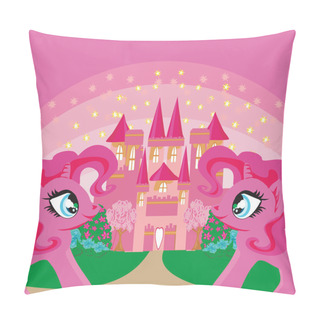 Personality  Card With A Cute Unicorns Rainbow And Fairy-tale Princess Castle Pillow Covers