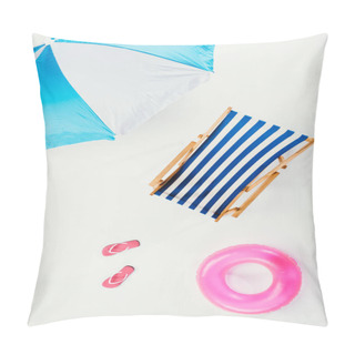 Personality  Top View Of Beach Umbrella, Striped Beach Chair, Flip Flops And Inflatable Ring Isolated On White Pillow Covers