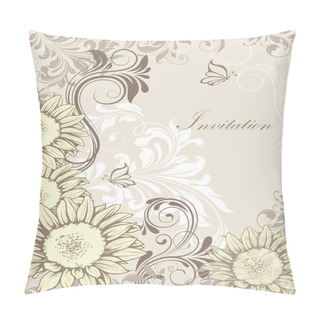 Personality  Vintage Invitation Card With Ornate Elegant Retro Abstract Floral Design, Pale Yellow White Gray And Dark Gray Flowers And Leaves On Light Gray Background With Butterflies And Text Label. Vector Illustration Pillow Covers