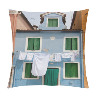 Personality  Sky Blue Little House In Burano With White Sheets And Clothes Ha Pillow Covers