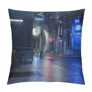 Personality  3D Illustration Of A Dark Futuristic Urban Street Scene At Night In A Seedy Cyberpunk City. Pillow Covers