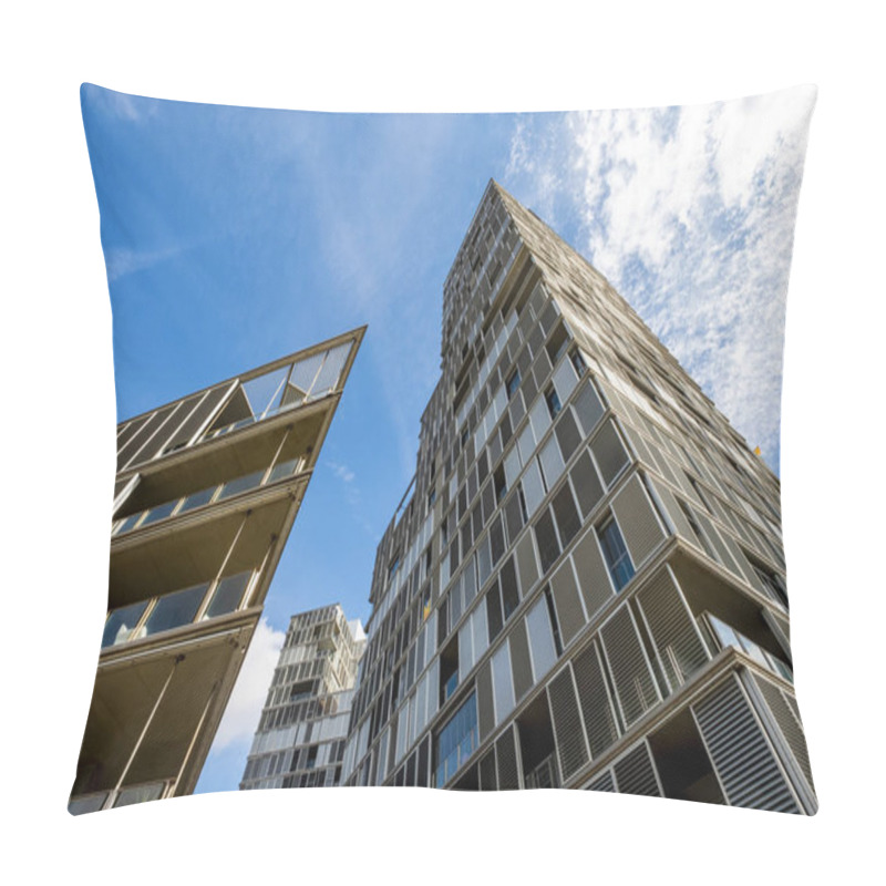 Personality  Barcelona, Spain - October 11, 2018: The mayor of Barcelona announced this month that 30 percent of new works will be for social housing. In this photo appears a social public buildings, Illa de la Llum, located in the area of Diagonal Mar are, one o pillow covers