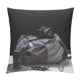 Personality  Backpack, Photo Camera And Trekking Equipment On Black Pillow Covers