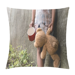 Personality  Cropped View Of Beggar African American Child Holding Teddy Bear And Cup Near Concrete Wall On Urban Street  Pillow Covers