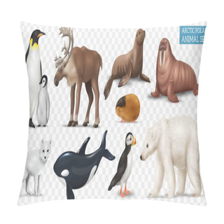 Personality  Arctic Animals And Birds Realistic Set With Polar Bear Penguins Walrus Puffin Lemming Isolated On Transparent Background Vector Illustration Pillow Covers