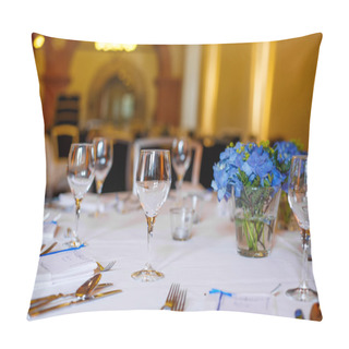 Personality  Table Set In Blue And White For Wedding Or Event Party.  Pillow Covers