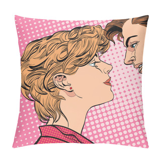 Personality  Lovers Couple Kissing, Romantic Kiss. Romance Valentine's Day Illustration. Happy Valentine's Day. Concept Idea Of Advertisement And Promo. Halftone Background. Pop Art Retro Style Illustration. Pillow Covers