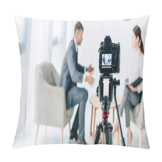 Personality  Selective Focus Of Digital Camera Shooting Journalist And Businessman  Pillow Covers